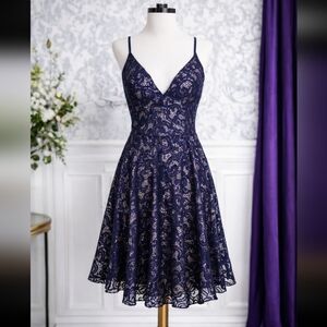 My Michelle Dark Blue Lace & Sequin A-Line Knee Length Bra Top Dress Size 7